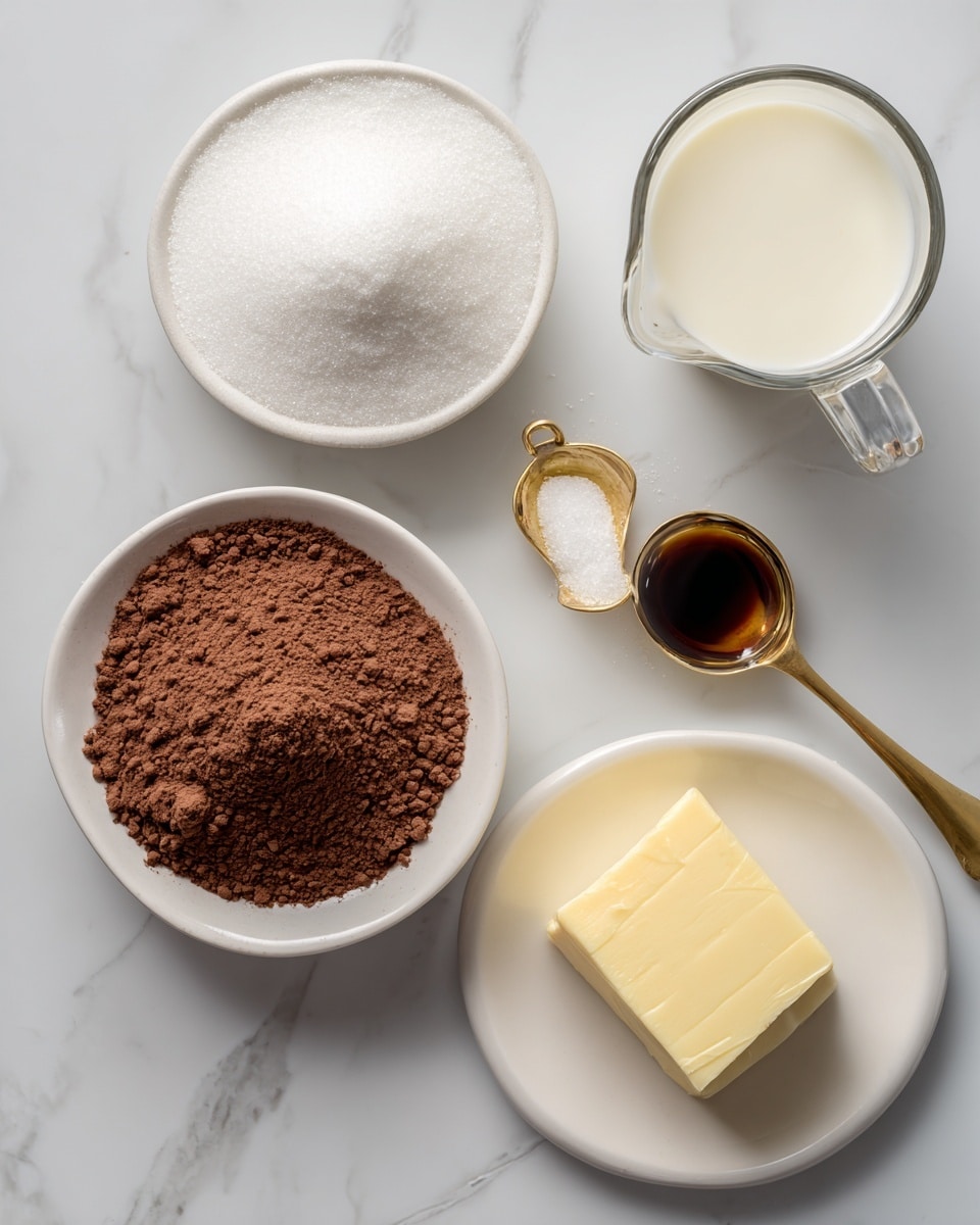 The image shows five separate containers with ingredients placed on a white marbled surface. At the top left, there is a white bowl filled with fine white sugar. Below it, a white bowl holds a pile of brown cocoa powder with a slightly uneven surface. To the right of the cocoa powder, a clear glass measuring cup contains white cream or milk. At the top right, a white plate holds a pale yellow square piece of butter and a small gold measuring spoon filled with dark vanilla extract, positioned beside the butter. Photo taken with an iphone --ar 4:5 --v 7