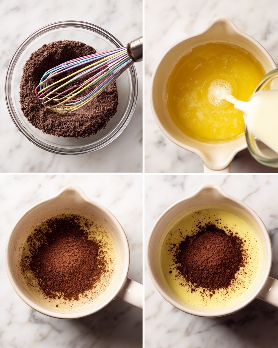 The image shows three steps of mixing ingredients on a white marbled surface. The first step has a clear glass bowl with a dry mix of dark brown powder, with a colorful whisk sitting in the center of the powder. The second step shows a white pot with melted yellow butter inside, while a clear glass cup is pouring a creamy white liquid into the pot. The third step features the same white pot with yellow melted butter and cream at the bottom, topped by a mound of dark brown powder in the middle. Photo taken with an iphone --ar 4:5 --v 7