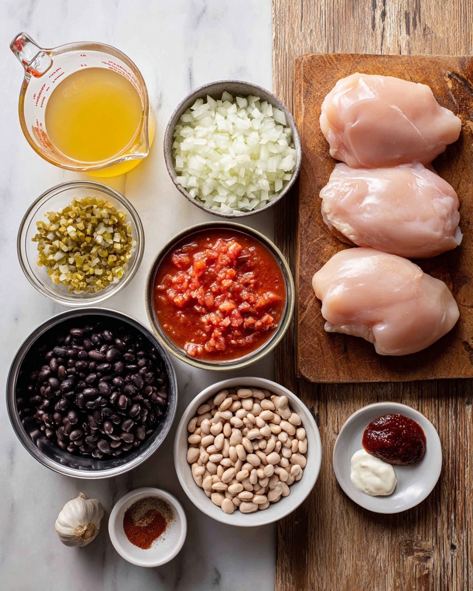 A top-down view displays raw ingredients arranged neatly on a wooden surface with a white marbled texture in the background. On the top right, two large, smooth pieces of raw pale pink chicken sit on a brown cutting board. To the right of the chicken is a small white bowl filled with a creamy white liquid. Below it, a large white bowl is filled to the top with finely chopped white onions. Below the onions, a shiny metal can holds black beans, with another shiny metal can with pinto beans above it. Next to the beans is a small glass bowl of greenish diced chilies. Above that is a medium-sized metal can filled with bright red chopped tomatoes in juice. On the far left, a clear glass measuring cup holds a pale yellow broth. Below the measuring cup, a small white plate holds a few peeled garlic cloves and a dollop of deep red tomato paste. Next to the plate, a small glass bowl contains a mix of different brown and red powdered spices. The overall image is bright and clean, with ingredients spread out clearly. photo taken with an iphone --ar 4:5 --v 7