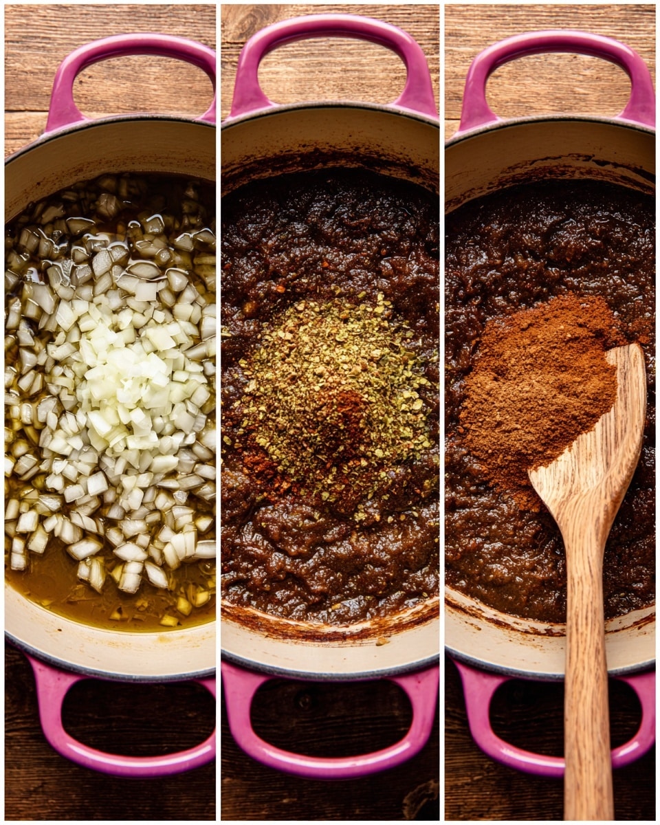 The image shows three side-by-side photos of a pink pot on a wooden surface. In the first photo, the pot has a single layer of small chopped white onions cooking in oil, slightly bubbling. The second photo shows the same pot with the onions still visible but now topped with a mound of brown, red, and green spices in the center. In the third photo, the onions and spices are mixed into a thick dark reddish-brown paste covering the bottom of the pot, with a wooden spatula resting inside the pot. photo taken with an iphone --ar 4:5 --v 7