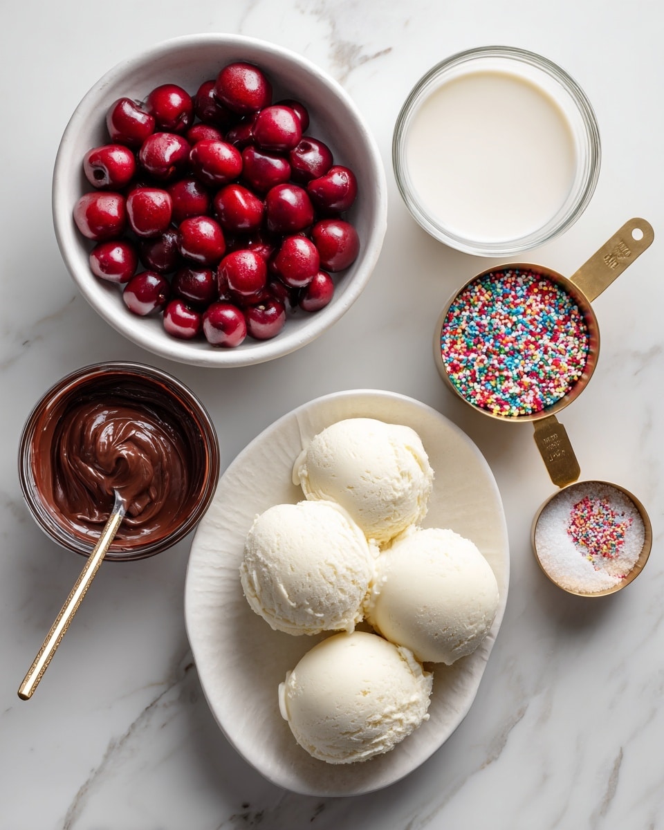 The image shows several small white bowls and a clear glass measuring cup arranged on a white marbled surface. One white bowl contains bright red cherries, another has creamy white ice cream scoops with a smooth and soft texture. A small dark bowl holds thick, smooth chocolate sauce with a spoon resting inside. Next to these, a white plate holds a gold measuring cup filled with white powder and another smaller gold measuring cup with colorful small sprinkles. The clear glass measuring cup is filled with white milk. All the items are neatly placed, creating a clean and inviting look. photo taken with an iphone --ar 4:5 --v 7