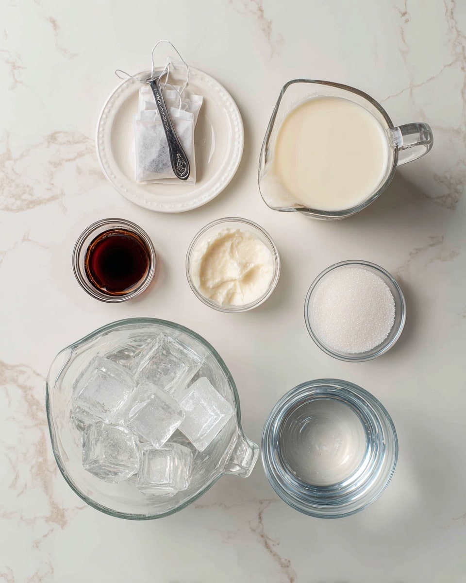 The image shows six clear glass and white dishes arranged on a white marbled surface. At the top left, a white plate holds two tea bags and a small silver measuring spoon filled with dark brown liquid. To the right, there is a clear glass measuring cup filled with creamy white milk. Next to it, a small clear bowl contains a light cream-colored powder or liquid. Below these, a large clear glass measuring cup is filled with several ice cubes, mostly white and translucent. To its right, a smaller clear glass measuring cup is filled with water, clear and shiny. At the bottom right, a small clear bowl contains white granulated sugar. The photo was taken with an iphone --ar 4:5 --v 7