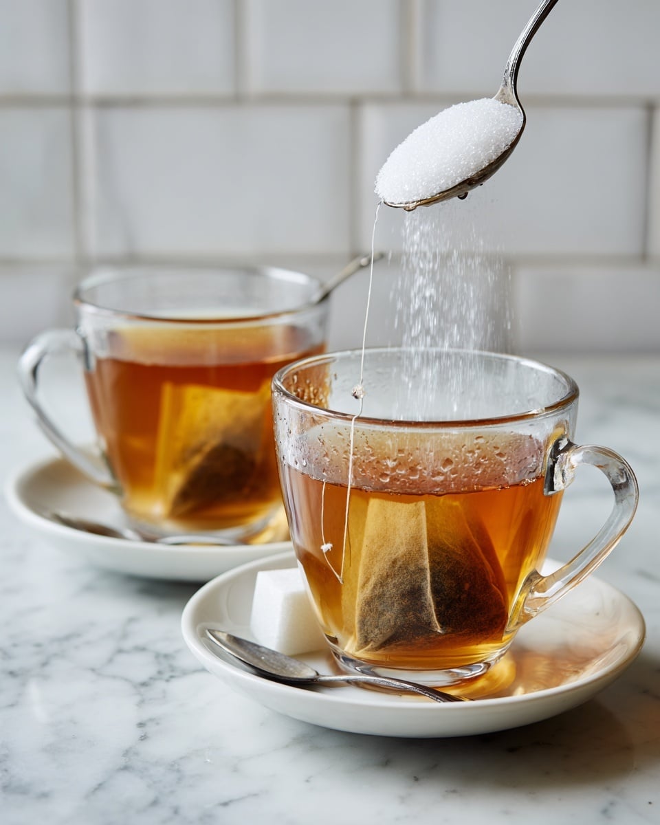 The image shows two glass cups with tea bags inside placed on white saucers. Each cup is clear, with a handle on the right side, and filled with amber-colored tea. In the first cup on the left, the tea bag is steeping, with the paper tag hanging inside the cup, and small water drops visible on the glass. The second cup on the right shows a silver spoon above the cup, pouring white granulated sugar into the tea, with sugar crystals falling and creating small splashes. Both cups sit on a white marbled surface with a blurred white tiled wall background. photo taken with an iphone --ar 4:5 --v 7