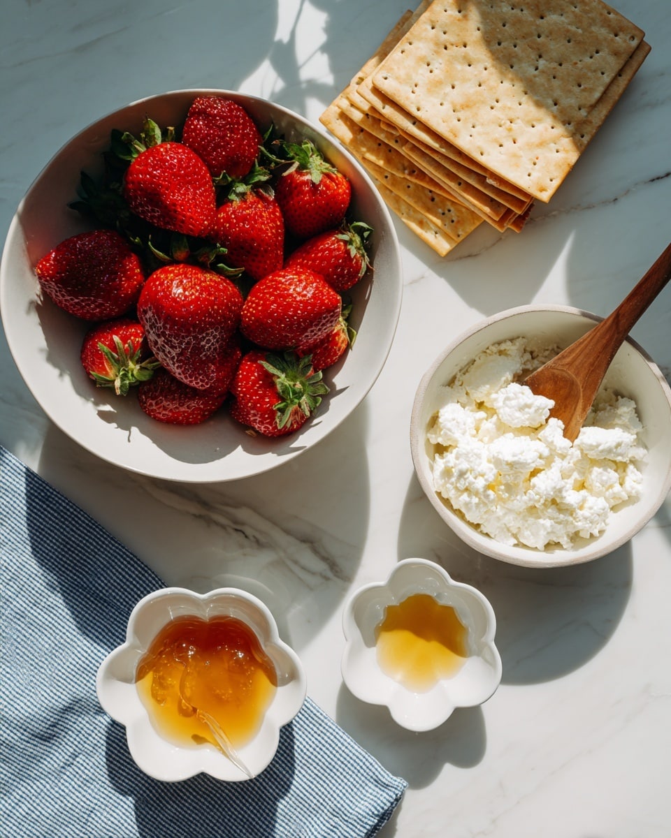 The image shows a white bowl filled with red strawberries with green tops, placed on a blue and white checkered cloth on a white marbled surface. Below it, a small white flower-shaped dish holds a golden honey-like liquid, next to another similar white dish also filled with a small amount of the same liquid. To the right, there is a white bowl with white cottage cheese and a wooden spoon resting inside it. Above this bowl, a white flower-shaped bowl holds a stack of rectangular golden-brown crackers. The lighting is bright and natural, highlighting the fresh and clean look of the ingredients, photo taken with an iphone --ar 4:5 --v 7