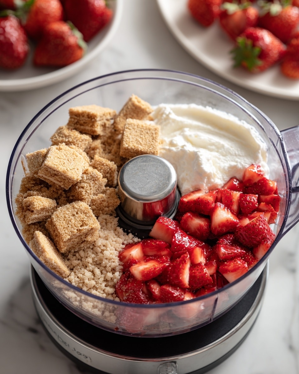 A clear food processor bowl is filled with three main layers visible from the top: on the left, broken light brown graham crackers with a rough texture; on the top right, a white creamy layer that looks like cottage cheese; on the bottom and center, bright red strawberry pieces with a juicy and slightly shiny texture. The food processor has a metallic top latch and black and silver base, placed on a white marbled surface. In the blurred background, there is a white plate with whole strawberries on the left side. photo taken with an iphone --ar 4:5 --v 7