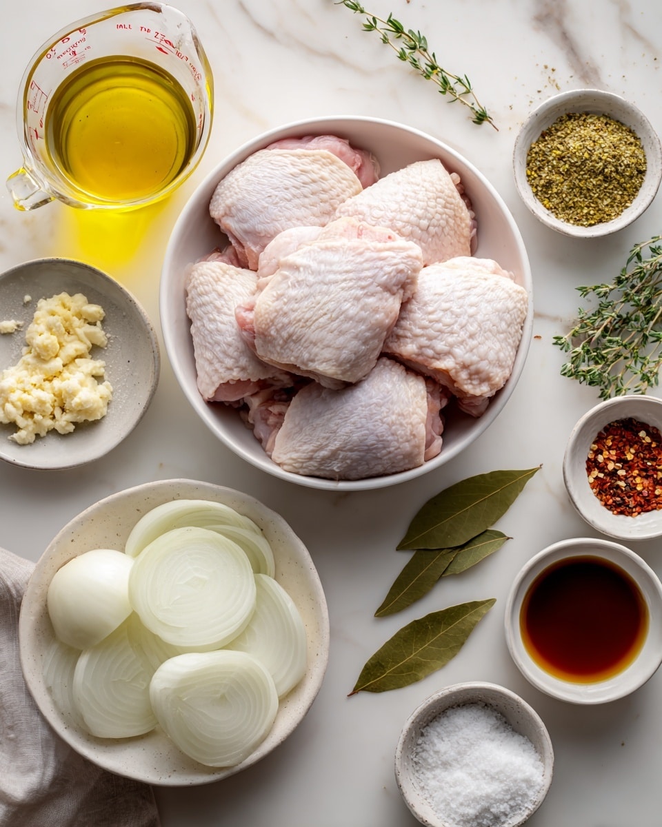 The image shows a white bowl in the center holding four raw chicken thigh pieces with pale pink skin and textured surfaces. In front of this bowl, a white bowl is filled with thick, round white onion slices layered on top of each other. Surrounding these main bowls are several small white bowls and containers with various ingredients: minced garlic with a light creamy color, dried green herbs, whole grain mustard with yellow and brown seeds, bright yellow olive oil, a clear glass measuring cup with amber-colored liquid, and dark brown sauce in a white bowl. There are also small bowls with white flour, coarse salt, black pepper, crushed red chili flakes, and two bay leaves on a small white plate. The items rest on a white marbled surface with a few green herb sprigs scattered around. photo taken with an iphone --ar 4:5 --v 7