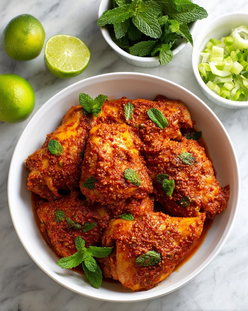 A white bowl filled with several pieces of raw chicken thighs coated thickly in a red-orange marinade with a coarse, grainy texture that clings to the chicken surface, giving a rich, spicy look. Around the bowl are small white bowls containing fresh green mint leaves and sliced light green scallions, along with a halved lime and another whole lime nearby, all set on a white marbled surface. Photo taken with an iphone --ar 4:5 --v 7