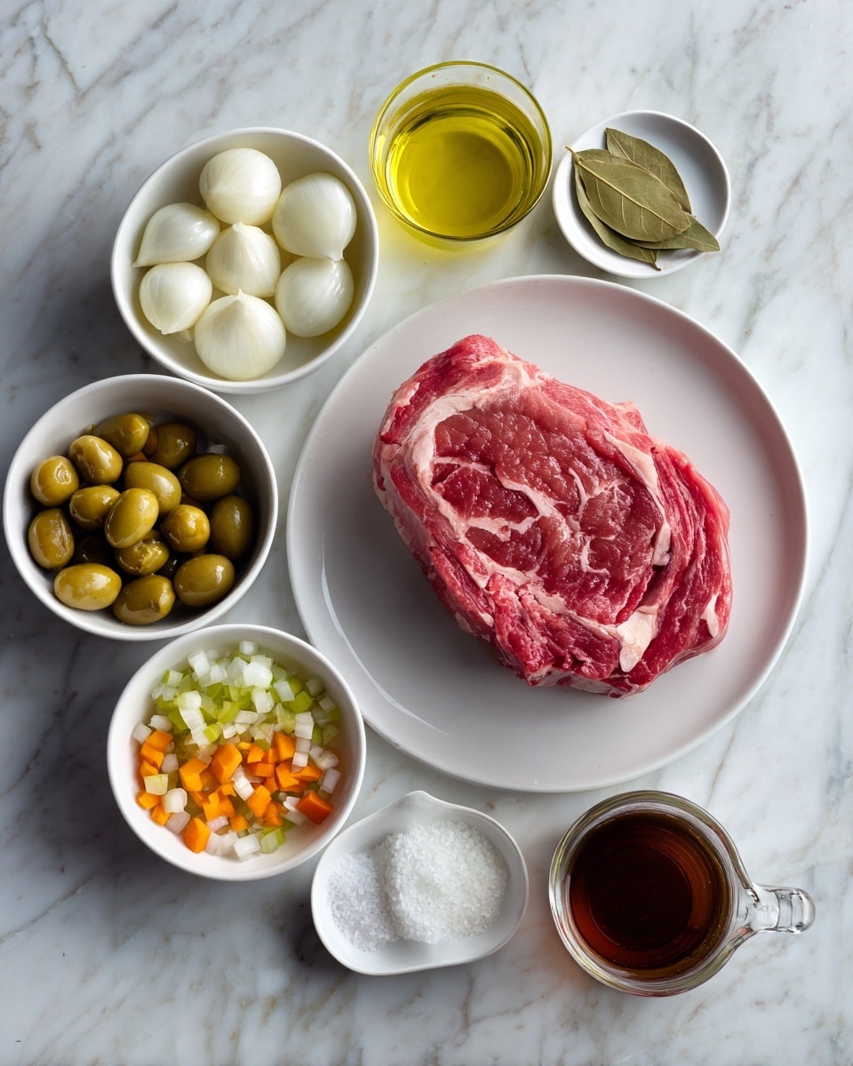 In the image, a white round plate holds one large piece of raw red meat with visible fat edges in the center. Around it, several white bowls contain various ingredients: one with whole peeled garlic cloves, one with sliced white onions, one filled with green-yellow pickled peppers, and another with chopped pickled vegetables in green, orange, and white colors. Small white dishes hold a bay leaf and a salt and pepper mix. Nearby, there is a small clear glass container of light yellow oil and a transparent measuring cup filled with dark brown liquid. All items are placed on a white marbled surface. photo taken with an iphone --ar 4:5 --v 7