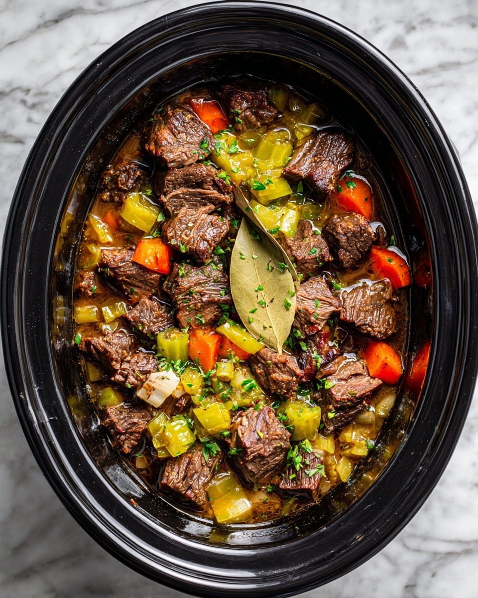 The image shows a black oval slow cooker with dark browned meat inside, topped with a mix of light green pepperoncini peppers, translucent cooked onion slices, and small chunks of orange carrot and light green celery. There are also visible dried herbs and a bay leaf on top. The dish looks moist with some oil or broth at the bottom. The slow cooker sits on a white marbled surface photo taken with an iphone --ar 4:5 --v 7