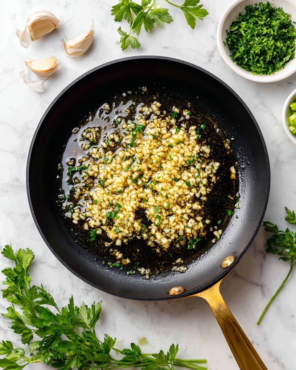 A black pan with a golden handle sits on a white marbled surface. Inside the pan, there is one layer of small chopped garlic pieces sizzling in a pool of golden oil, some pieces showing a light brown color. Around the pan, several green parsley leaves are scattered on the white marbled surface. To the top right of the pan, a white bowl filled with finely chopped green herbs, and below it, another white bowl containing sliced green onions. On the top left of the image, two unpeeled garlic cloves and a sprig of fresh parsley lie on the white marbled texture. Photo taken with an iphone --ar 4:5 --v 7