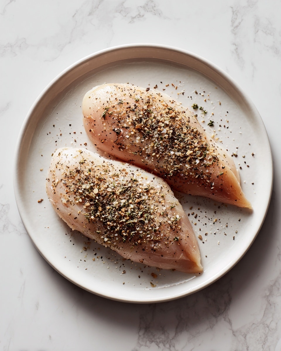 Two raw chicken fillets are placed on a white plate. Each piece is sprinkled evenly with granulated seasoning and freshly ground black pepper. The seasoning covers the top surfaces, giving them a slightly textured look. The plate rests on a white marbled surface. Photo taken with an iphone --ar 4:5 --v 7