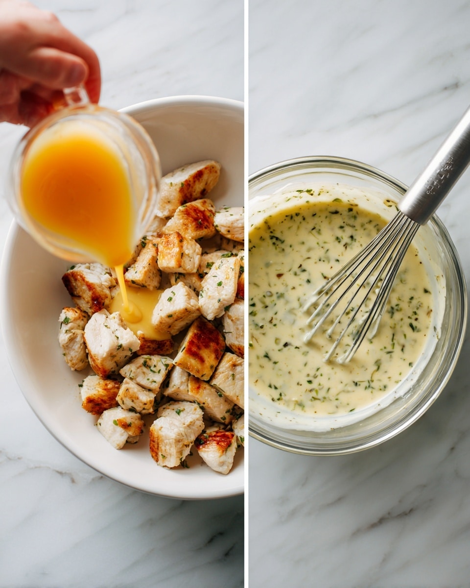 The image shows two side-by-side scenes. On the left, pieces of cooked white meat are arranged in a white bowl on a white marbled surface, with orange sauce being poured over the meat from a clear cup held by a woman's hand. The meat pieces have light browning on the edges and a firm texture. On the right, a clear measuring cup is filled with a creamy white sauce mixed with green herbs, and a whisk is partially immersed in the sauce. The measuring cup is placed on the same white marbled surface. Photo taken with an iphone --ar 4:5 --v 7