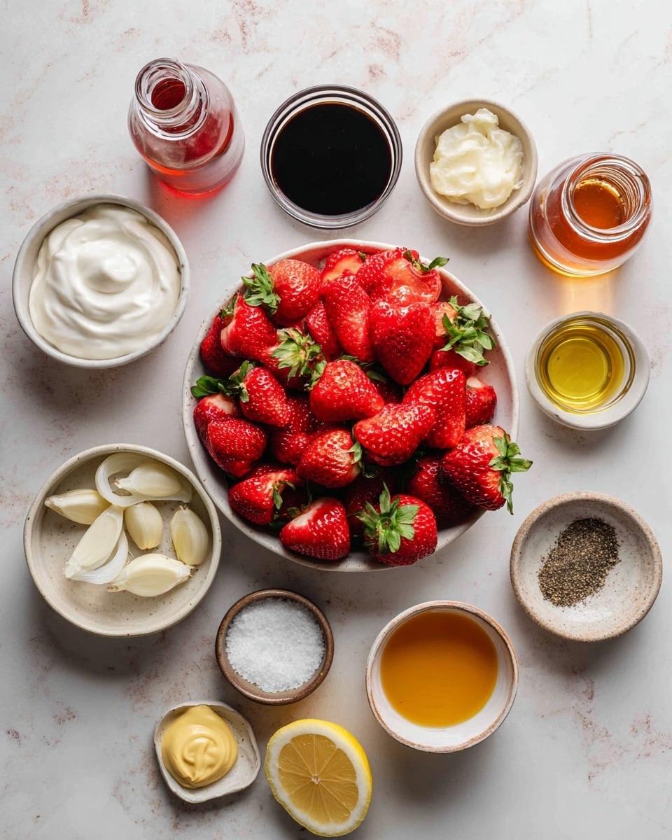 A clear glass jar filled with thick pink dressing sits in the center, with a wooden spoon lifting some of the smooth, creamy sauce above it. Behind the jar is a white bowl full of dark green leafy greens, and around the jar on a wooden board are fresh strawberries, a lemon half, and small wooden bowls holding salt and pepper. The whole scene is set on a white marbled surface. photo taken with an iphone --ar 4:5 --v 7