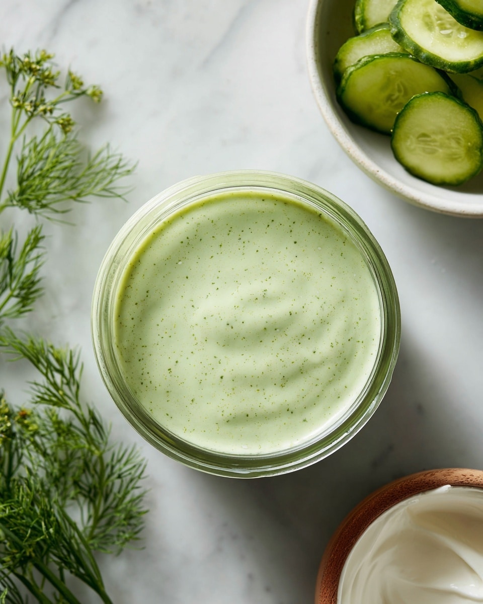 The image shows a smooth, pale green sauce in a round glass jar, viewed from above with tiny specks visible in the sauce giving it a fresh texture. To the upper right, there is a white bowl full of light green pickle slices with a slightly wrinkled surface, partially visible. Fresh green dill sprigs lie to the left side on the white marbled surface, adding a natural touch. The bottom right corner shows part of a lid or container with a white creamy content inside, contrasting with the green sauce. photo taken with an iphone --ar 4:5 --v 7