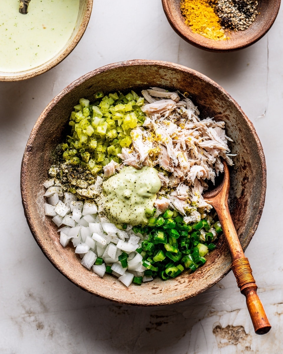 A rustic clay bowl on a white marbled surface holds a mixture of shredded pale pink chicken layered at the bottom, topped with chopped green pickles on the upper left, finely diced white onions on the lower left, bright green sliced spring onions on the lower right, and powdered yellow and black spices scattered near the center. A dollop of creamy light green sauce sits on top of the mixture. A wooden spoon with a wrapped handle rests on the right side inside the bowl. Part of another bowl with pale creamy sauce is visible in the upper left corner. Photo taken with an iphone --ar 4:5 --v 7