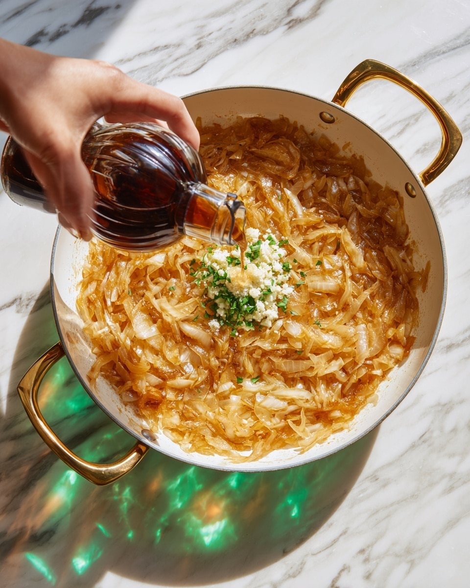 A white pan with golden handles holds a single layer of caramelized onions, showing shades of light golden-brown and translucent white with soft texture. The onions cover most of the pan's surface. In the center, there is a small pile of finely chopped garlic pieces and a few green herb leaves. A woman's hand is pouring a dark liquid from a clear glass bottle into the middle of the pan. The pan is placed on a white marbled surface with greenish light reflections. photo taken with an iphone --ar 4:5 --v 7