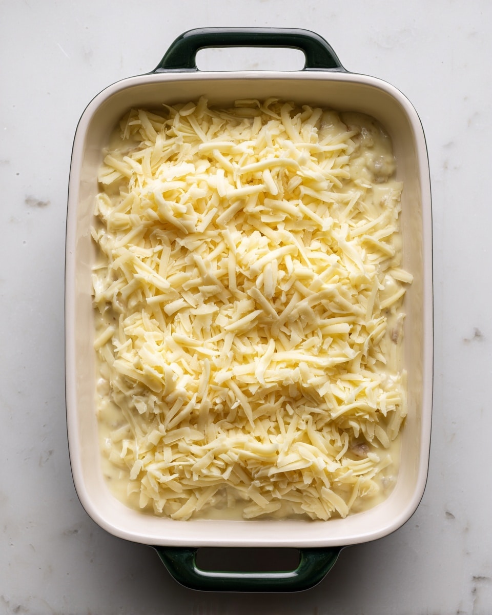A white rectangular baking dish with dark green handles is shown from above on a white marbled surface. Inside the dish, there is a thick base layer of creamy sauce mixed with small pieces of light brown ingredients. On top of this base, there is a generous layer of shredded pale yellow cheese spread evenly, covering the entire surface. The texture of the sauce looks smooth with a bit of chunky bits, and the cheese is fine and fibrous. Photo taken with an iphone --ar 4:5 --v 7