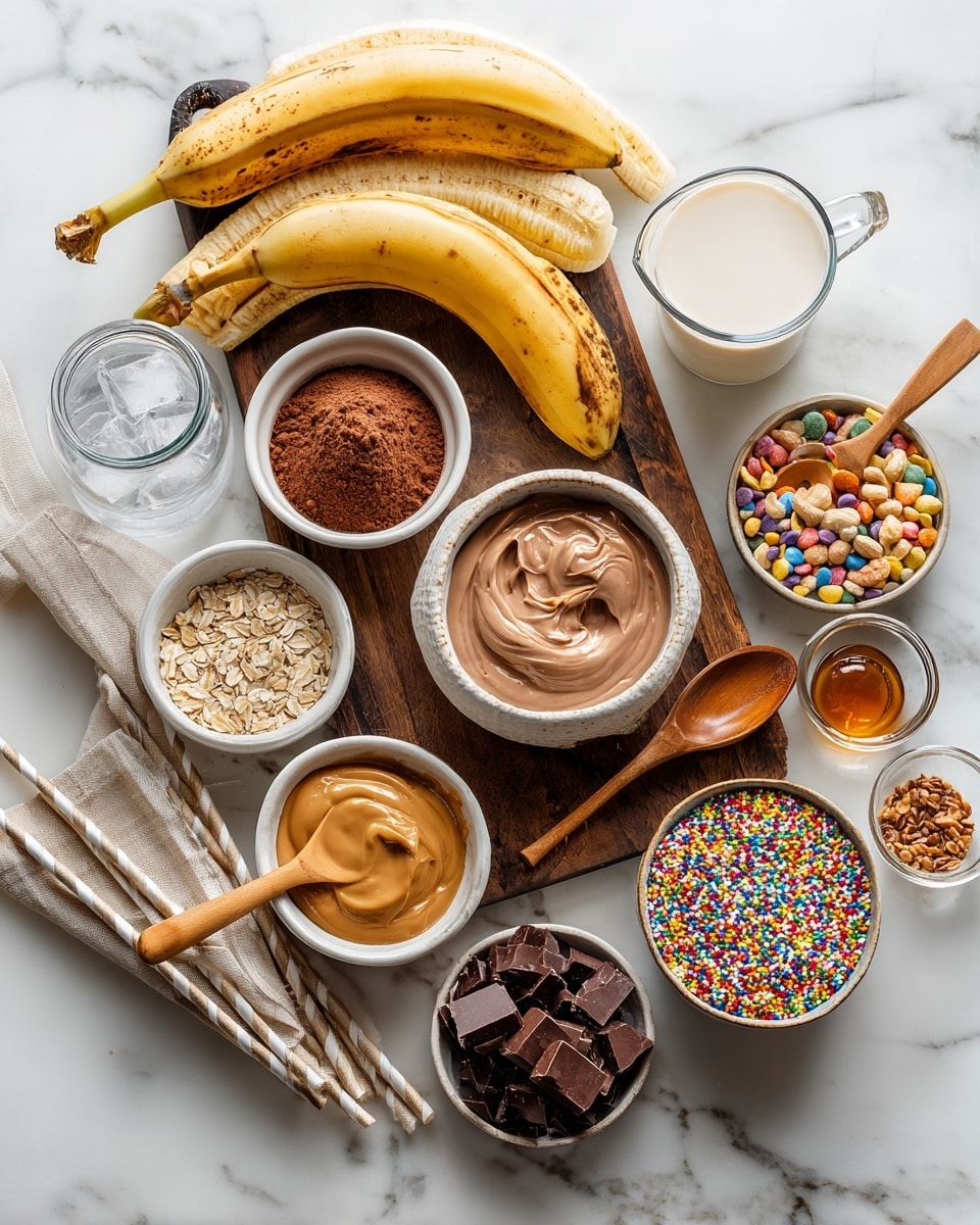 The image shows three steps of making a chocolate smoothie. The first step is a clear blender filled with pieces of banana, ice cubes, a scoop of peanut butter, light brown powder, and a small piece of yellow fruit resting at the bottom. The second step shows the blender filled with a smooth, thick, light brown mixture. The last step shows a white marbled surface with a clear glass cup filled almost to the top with a light brown creamy smoothie, topped with small chocolate shavings. The whole scene is clean and bright. Photo taken with an iphone --ar 4:5 --v 7