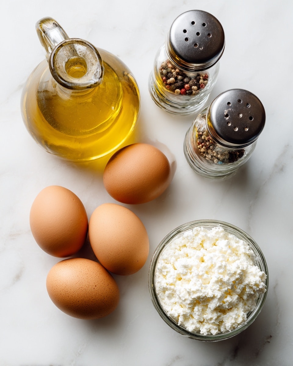 The image shows five smooth brown eggs arranged in a loose flower shape on a white marbled surface. Above them, there is a clear glass bottle with golden yellow olive oil and a metal spout. To the right of the bottle, there are two glass shakers, one filled with white salt and the other with mixed peppercorns, both having black tops. Below the shakers, there is a small clear glass jar filled with thick white cottage cheese. All items are neatly placed on the white marbled background. photo taken with an iphone --ar 4:5 --v 7