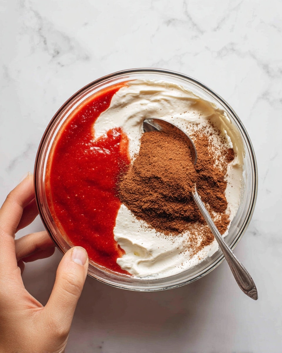 A clear glass bowl held by a woman's hand contains three main layers of ingredients: a bright red smooth sauce on the left, a white creamy layer on the right and bottom, and a dark brown powdery spice sprinkled mostly on the top right of the white layer. A spoon is partially inserted into the bowl from the top, resting on the creamy layer. The background shows a white marbled texture photo taken with an iphone --ar 4:5 --v 7