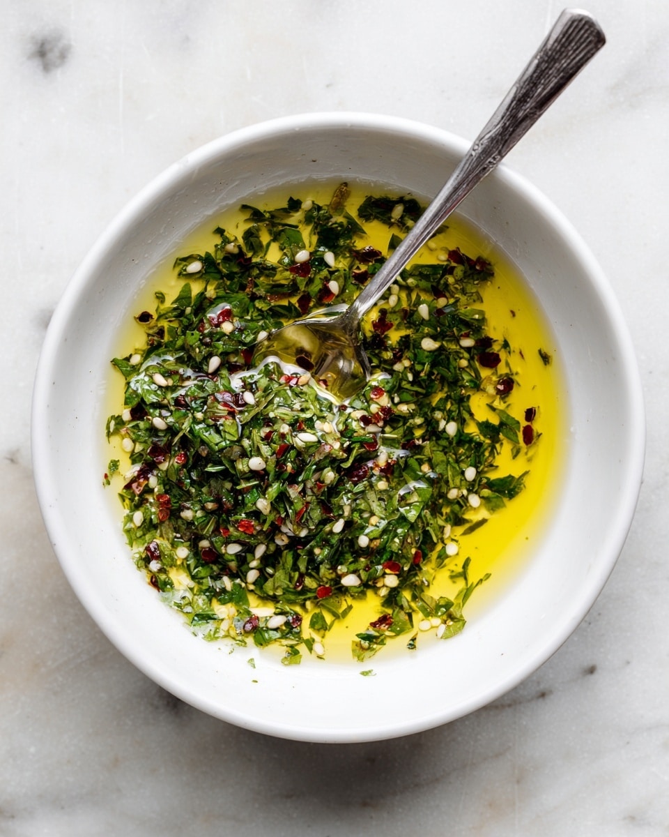 A white bowl contains a mix of finely chopped green herbs with a glossy layer of golden olive oil soaking into them. Small red chili flakes and tiny white seeds are scattered on top, adding bright pops of color. A silver spoon rests inside the bowl, partially covered with the herb and oil mixture. The bowl is set on a surface with a white marbled texture. photo taken with an iphone --ar 4:5 --v 7