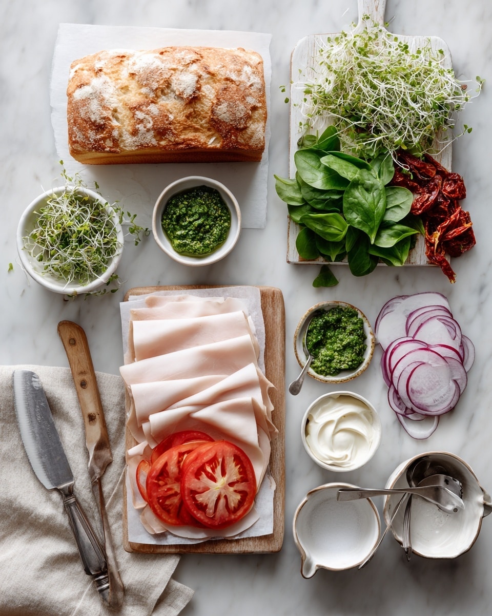 The image shows a close-up of a sliced sandwich with three thick layers. The bottom layer is thin slices of cooked white meat with some green leafy herbs mixed in. The middle layer has a creamy white sauce with bits of red onion and green herbs. The top layer is a golden-brown baked crust sprinkled with light crumbs and tiny bits of red pieces that look roasted. The sandwich rests on a wooden board with some crumbs and small herbs scattered around. The background is a white marbled texture. Photo taken with an iphone --ar 4:5 --v 7