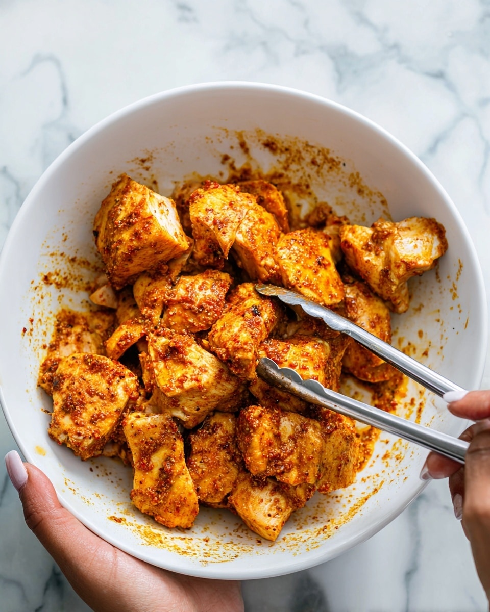 A white bowl holds several pieces of raw chicken coated in a thick, orange-red spice mix, with some spice spread along the bowl's inner sides. A woman's hand is holding the bowl steady, while another woman's hand uses silver tongs to lift or move the pieces. The background features a white marbled texture. photo taken with an iphone --ar 4:5 --v 7