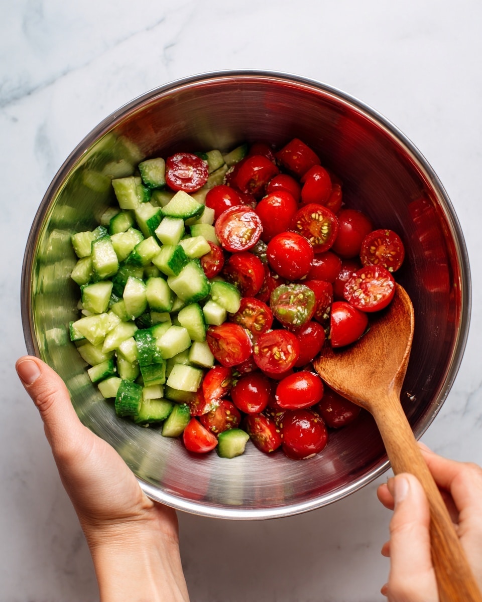 Inside a shiny metal bowl, there are two main layers of ingredients: the bottom layer is bright red cherry tomatoes, some sliced in half to show their juicy inside, and the top layer is small, fresh green cucumber pieces with a slightly rough skin visible. A woman's hand is holding the bowl steadily from the bottom left corner, while another woman's hand is mixing the ingredients using a wooden spoon on the right side of the bowl. The background is a white marbled texture, making the colors of the tomatoes and cucumbers stand out. photo taken with an iphone --ar 4:5 --v 7
