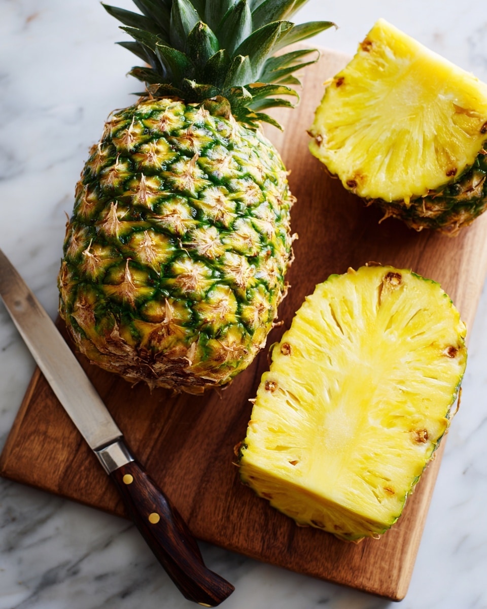 A whole pineapple with the green spiky top cut off sits on a light brown wooden cutting board, with one thick yellow pineapple slice with small brown spots lying next to it on the board. A knife with a silver blade and a dark wooden handle is placed diagonally on the lower left part of the cutting board. The background is a white marbled surface. photo taken with an iphone --ar 4:5 --v 7