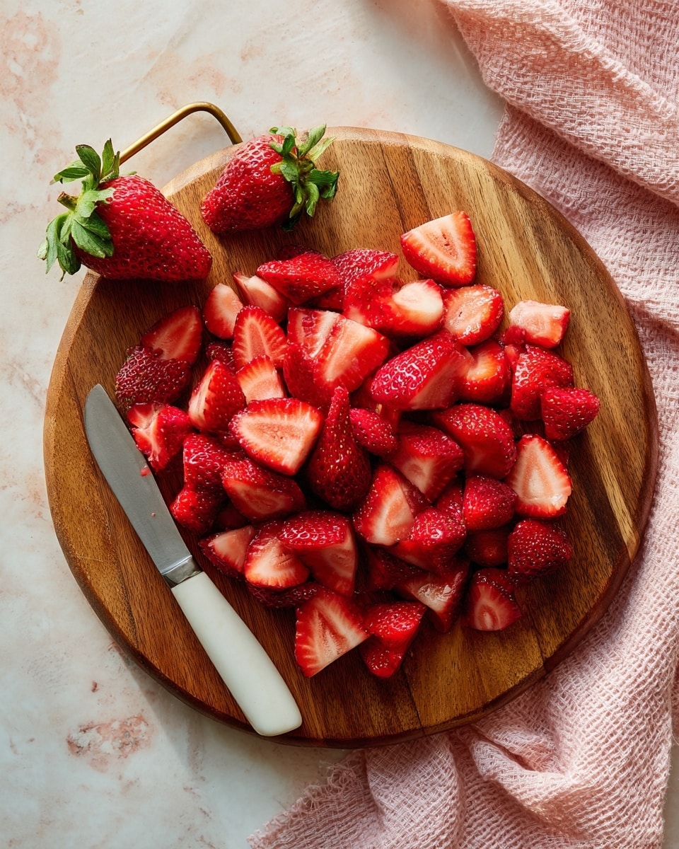 A round wooden cutting board with a brass handle holds many fresh sliced strawberries spread out across its surface. A single whole strawberry with green leaves is at the top left corner. A small white knife with a silver tip rests on the left side of the board, its blade facing inward toward the strawberries. The background features a white marbled surface with a light pink textured cloth partially visible in the bottom right corner. photo taken with an iphone --ar 4:5 --v 7