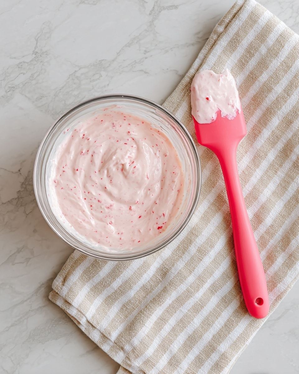 A clear glass bowl is filled with a creamy, light pink mixture that has small red specks throughout, showing a smooth yet slightly textured surface. Next to the bowl is a bright pink silicone spatula, also smeared with the same pink mixture. To the right, a beige cloth with white stripes rests on a white marbled surface. photo taken with an iphone --ar 4:5 --v 7