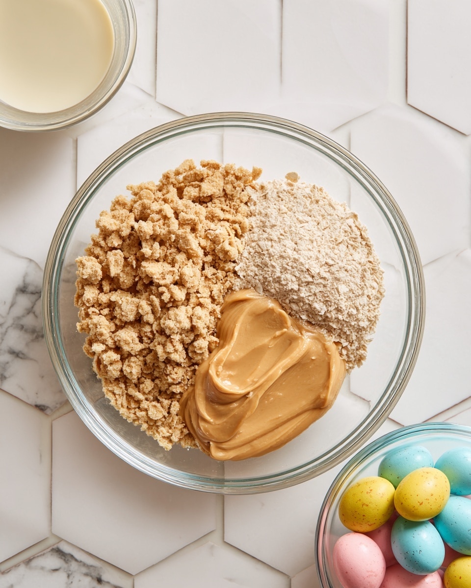 A clear glass bowl sits on a white marbled hexagonal tile surface, filled with three visible layers: on the left, a rough-textured pile of light brown rolled oats; on the right, a mound of fine, pale beige flour; and at the bottom right, a smooth layer of light brown peanut butter, slightly glossy and creamy. To the top left of the bowl, there is a small clear glass container with a pale cream liquid. At the bottom right of the image, another clear bowl holds cracked colorful candy shells with chocolate inside in pastel shades of blue, yellow, and pink. photo taken with an iphone --ar 4:5 --v 7
