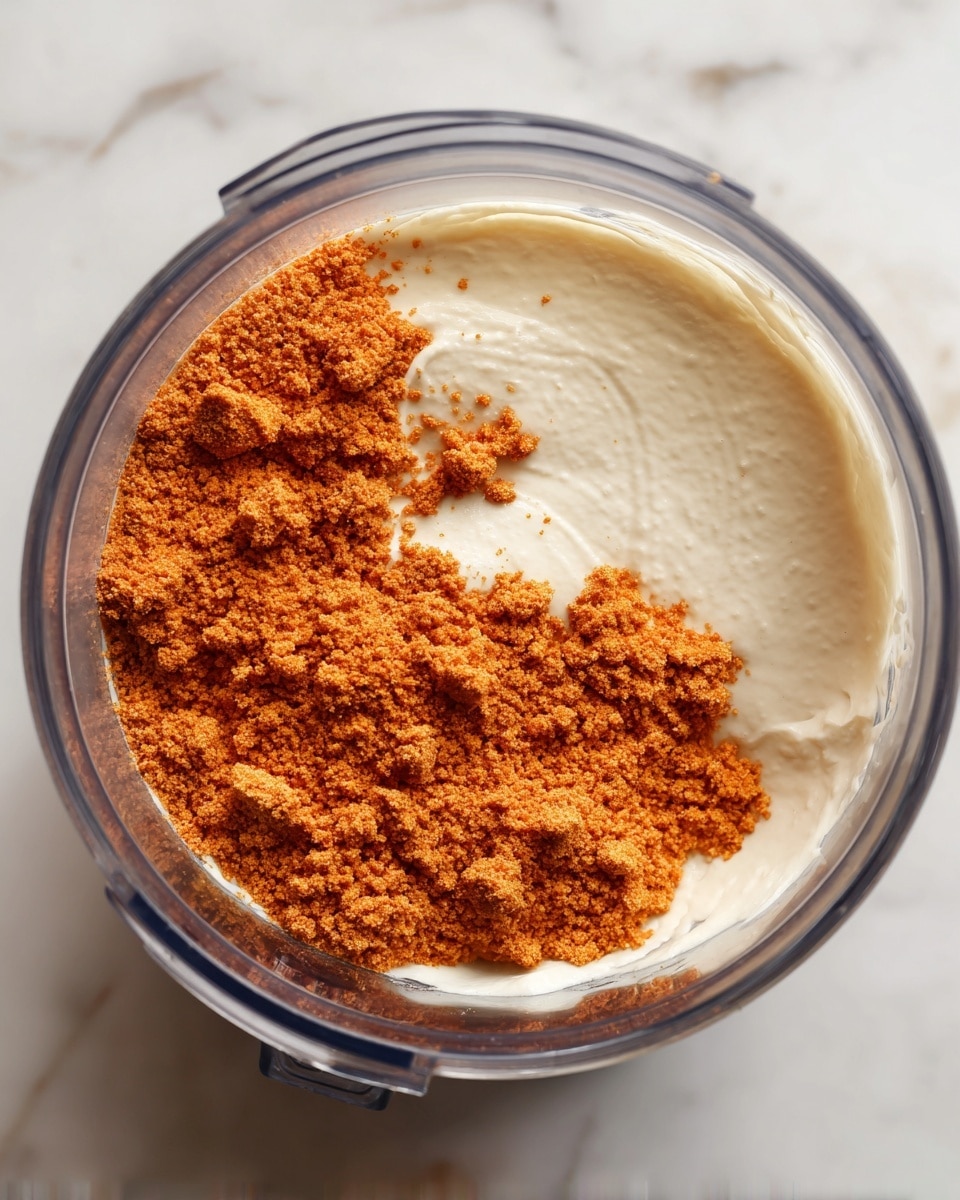 A clear blender container is filled with two layers: the bottom layer is a smooth white creamy texture, and the top layer is a rough, crumbly orange powder spread evenly over the cream. The container is placed on a white marbled surface. Photo taken with an iphone --ar 4:5 --v 7