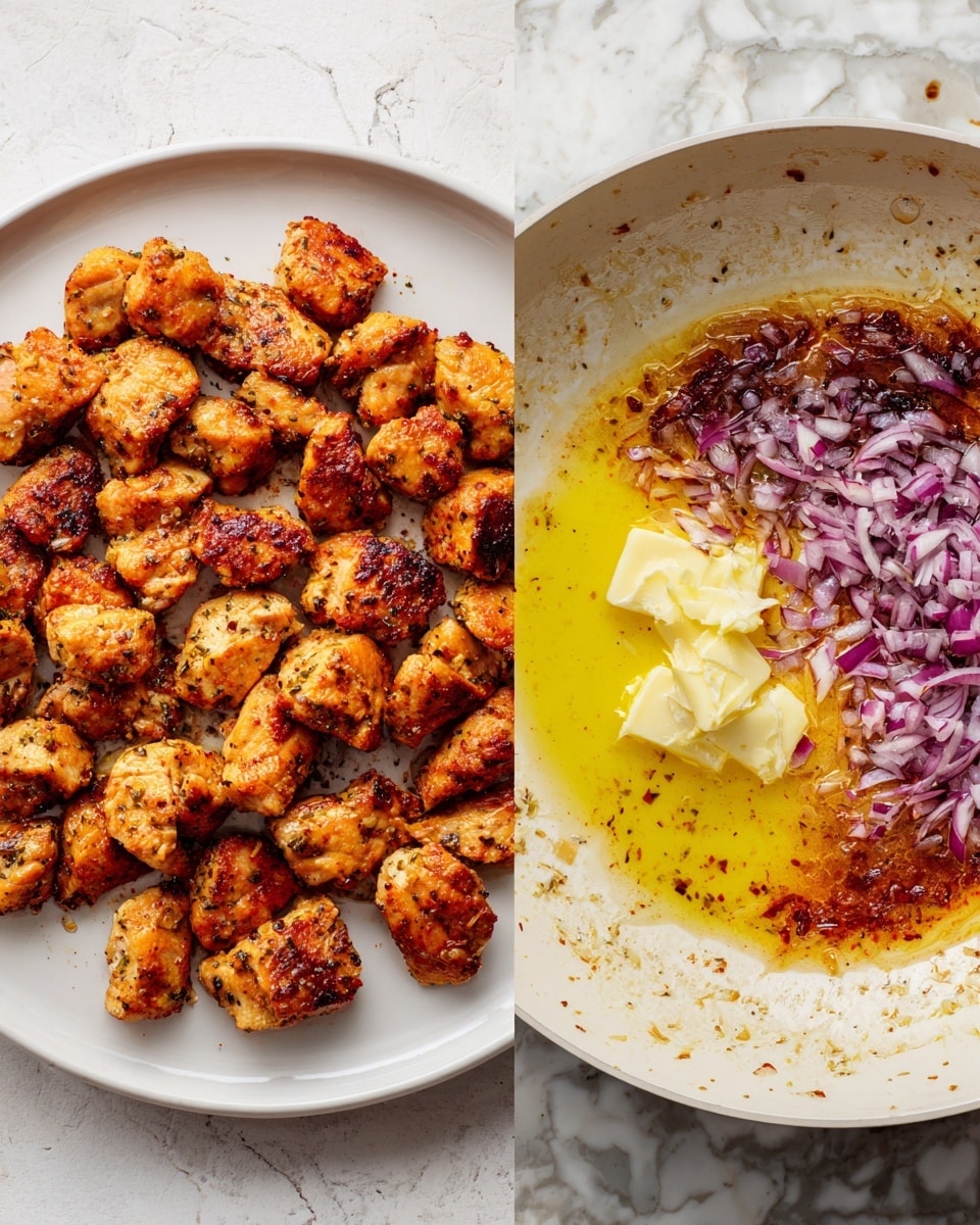 The image on the left shows a white plate with many small pieces of browned, cooked chicken arranged closely together, each piece having a golden, slightly crispy outside with some seasoning visible. The background is a white marbled texture. The image on the right shows a white pan with a red-brown sauce spread over the base, with a small chunk of light yellow butter melting on the sauce and finely chopped purple-red onions sprinkled next to the butter. The pan is on a white marbled surface. photo taken with an iphone --ar 4:5 --v 7