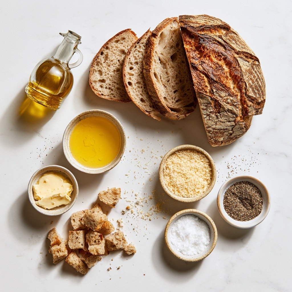 The image shows two photos side by side on a white marbled surface. On the left is a clear glass bowl filled with small bread cubes that are coated in oil or butter, giving them a shiny and slightly clumpy texture, with a silver spoon resting inside. On the right is a white baking tray spread with a single even layer of the same small, golden, and light brown bread cubes, spaced apart to show the metal tray underneath. photo taken with an iphone --ar 4:5 --v 7