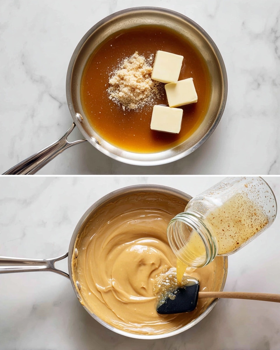 The first image shows a silver pan on a white marbled surface, with a golden brown liquid inside. There are three small square pieces of creamy white butter melting on the surface along with a light brown minced ingredient in the center. The second image shows the same silver pan on the white marbled surface, now with a thick beige paste spread across the pan. A clear liquid with specks is being poured from a glass jar into the pan, while a black spatula with a flat edge is partially inside the pan, stirring the mixture. photo taken with an iphone --ar 4:5 --v 7