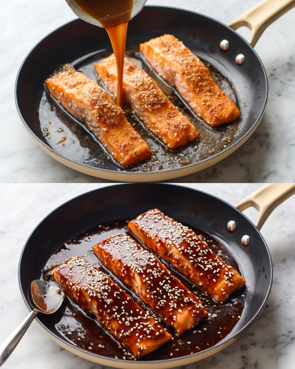 The image shows two views of four cooked salmon fillets placed side by side in a black skillet with a beige handle, lying on a white marbled surface. In the first view, a light brown sauce is being poured over the orange salmon fillets, which have a slightly crispy texture. In the second view, the fillets are covered with a shiny, thick, dark sauce sprinkled with white sesame seeds, and a silver spoon rests on the skillet’s edge with some sauce on it. The skillet is captured from above with bright lighting. Photo taken with an iphone --ar 4:5 --v 7