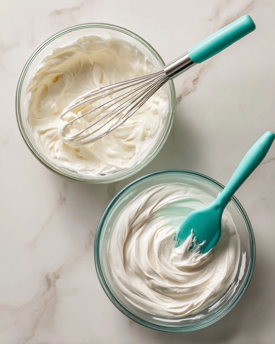 The image shows two clear glass bowls on a white marbled surface. The left bowl contains thick, creamy white mixture with a metal whisk lifted above it, covered in the same creamy texture. The right bowl has a smooth, whipped white cream stirred with a teal silicone spatula, leaving soft swirls in the mixture. Both bowls show fresh, soft textures of whipped cream at different stages. Photo taken with an iphone --ar 4:5 --v 7