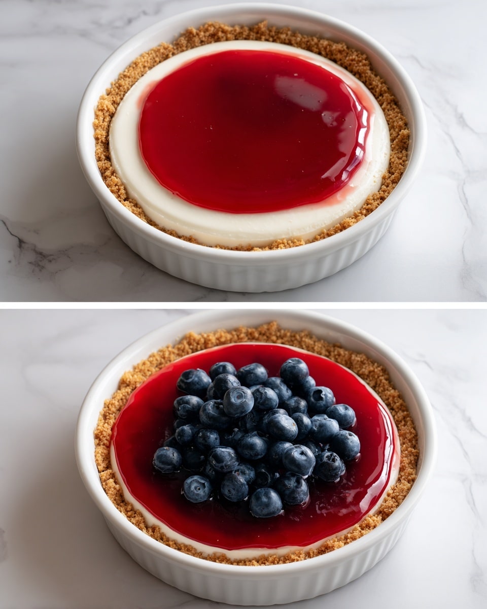 The image shows two top-down views of a white pie dish on a white marbled surface. In the first part, the dish has a thick, white creamy layer with a smooth texture, topped with a bright red, glossy layer of jelly evenly spread in the center, leaving the white cream visible around the edges. In the second part, the same dish now contains a crumbly, light brown layer placed on top of the red jelly, covering most of it except for a ring near the edges. On top of the crumbly layer, there is a pile of fresh, plump blueberries grouped mostly in the center, adding a deep blue color contrast. Photo taken with an iphone --ar 4:5 --v 7