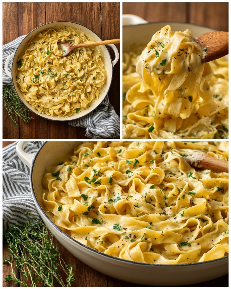 The image shows three views of a white frying pan filled with wide, flat pasta ribbons in a thick, creamy light beige sauce. The pasta strands are soft and slightly curled, mixed evenly in the sauce, which has a smooth texture with visible specks of herbs and spices. Small green herb pieces are scattered over the pasta, adding a fresh contrast to the pale sauce. The pan is set on a wooden surface, and a wooden spoon rests inside the pan in the top two photos, slightly lifting the pasta. In the bottom photo, the pan is shown from above alongside fresh herb sprigs and a striped cloth nearby. Photo taken with an iphone --ar 4:5 --v 7