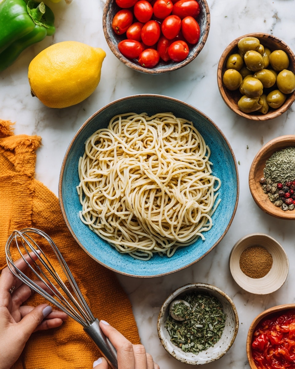 A blue bowl filled with dry, pale yellow pasta sits in the center of a white marbled surface. Around the bowl, there are small bowls containing red cherry tomatoes, greenish-brown olives, capers, and ground spices. Fresh green herbs and a bright yellow lemon are placed near the bowls. A woman's hand is seen holding a whisk on the left side, with a green pepper beside it. The overall colors are warm and fresh, with an orange cloth partially visible under the bowls, all on a white marbled texture. Photo taken with an iphone --ar 4:5 --v 7