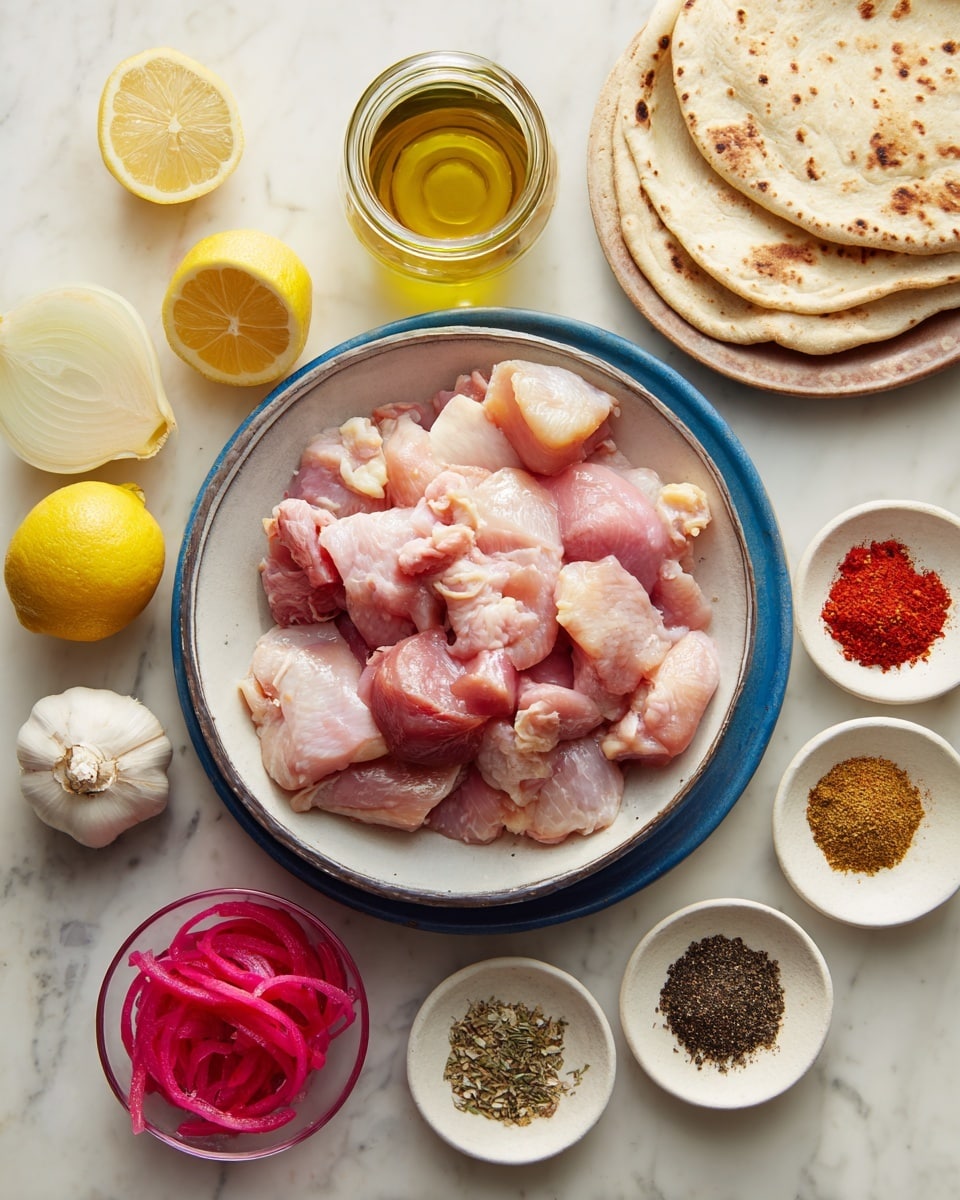 The image shows a white bowl filled with raw light pink chicken pieces placed on a blue tray. Around the bowl on the tray, there are two halved yellow onions and three garlic cloves, with two whole yellow lemons next to the tray. To the top right, there are two round flatbreads stacked. Small white dishes hold various colorful spices: reddish-brown, dark brown, black pepper, and salt, while a small glass jar with golden-yellow oil is also on the top. To the left bottom corner of the tray, a small glass bowl contains thinly sliced red pickled vegetables. The whole scene is set on a white marbled surface, giving a clean, bright look. photo taken with an iphone --ar 4:5 --v 7