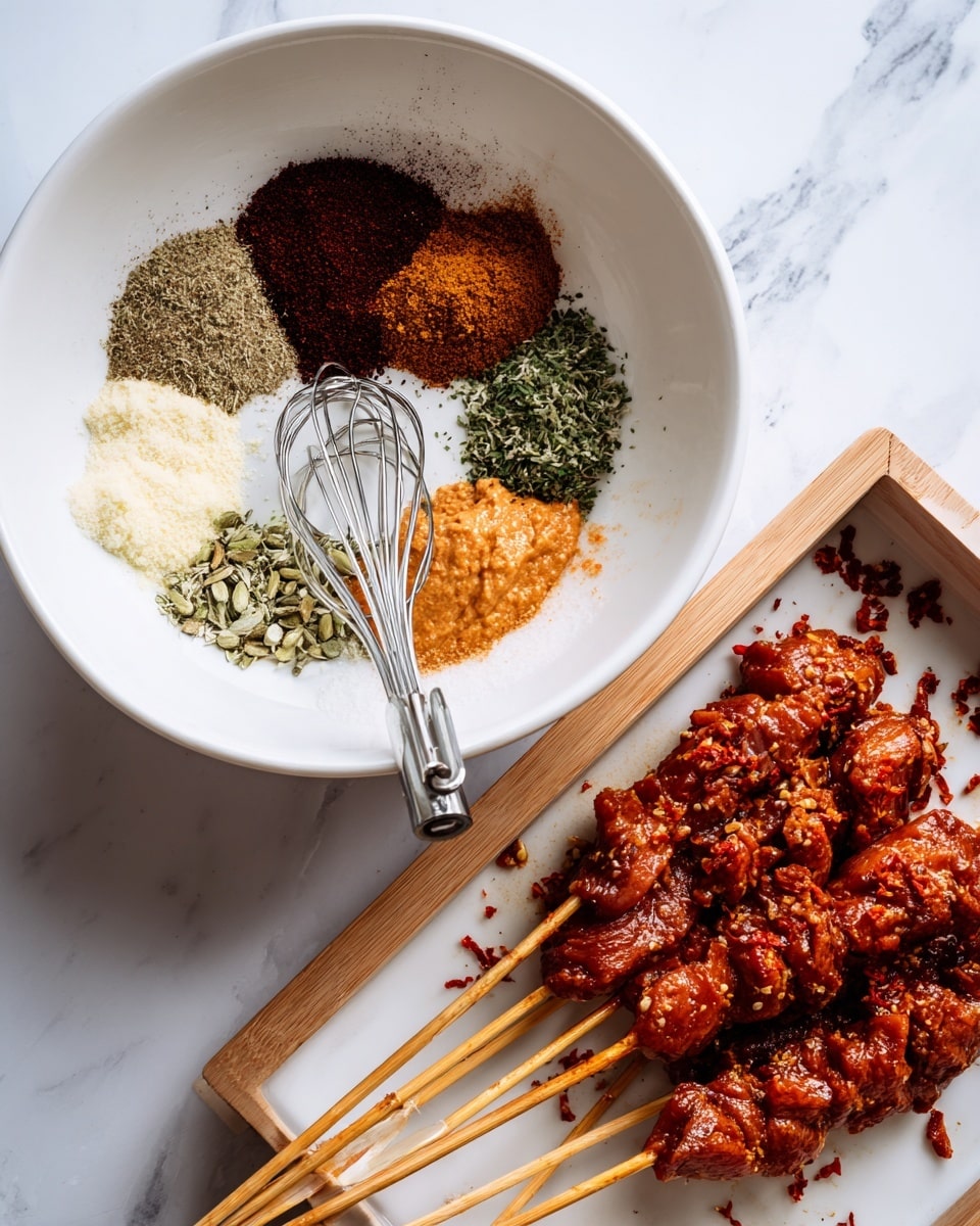 The image shows two parts: the top part has a white bowl with six layers of spices and sauces arranged separately: a dark reddish-brown powder on the top left, a small pile of green seeds below it, red sauce or paste on the top right, a creamy orange-colored sauce at the bottom, some crushed red flakes, and light green herbs near the center. A metal whisk is placed inside the bowl slightly mixing some spices. The bottom part shows four wooden skewers of marinated chicken pieces placed in a white tray, coated evenly with the spicy red mixture, with bits of crushed red flakes scattered on and around the chicken. The background is a white marbled surface. photo taken with an iphone --ar 4:5 --v 7