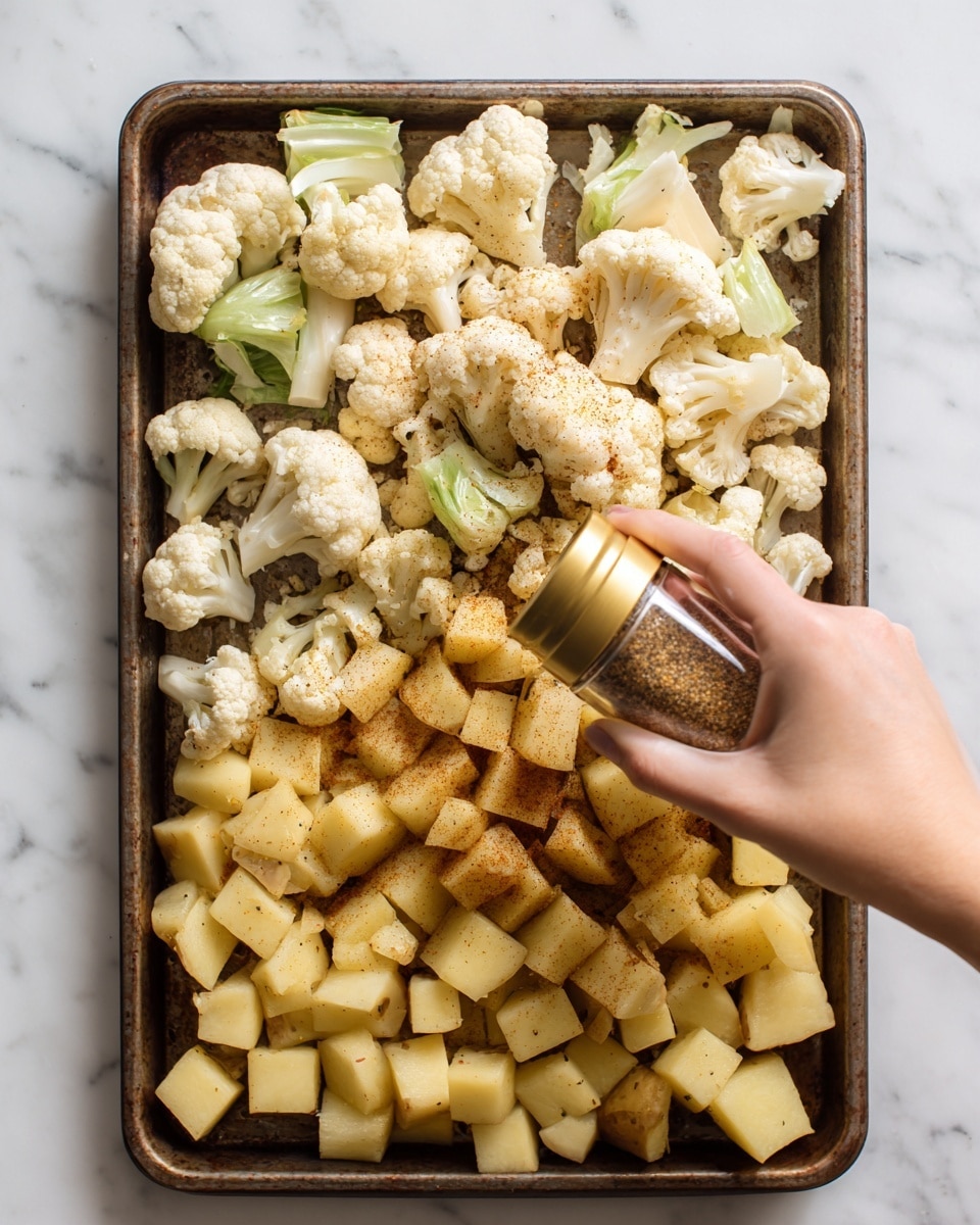 The image shows a baking tray filled with cauliflower florets and cubed potato pieces. The cauliflower pieces, in a pale cream color with light green stems, are arranged in the top half of the tray, while the bottom half is covered with medium-sized potato cubes in a pale yellow color with some brown spots. A woman's hand is holding a small golden spice shaker over the cauliflower, sprinkling a brown spice over the vegetables. The tray is placed on a white marbled surface that adds a clean and bright look to the setting. Photo taken with an iphone --ar 4:5 --v 7