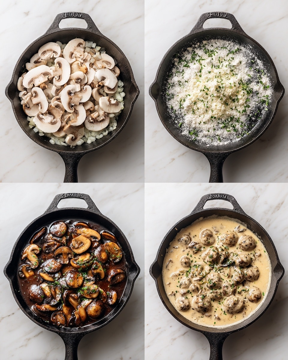 A cast iron skillet is shown through four stages of cooking against a white marbled background. In the first layer, the skillet contains sliced white mushrooms and finely chopped white onions, both raw and spread evenly. The second layer shows the mushrooms and onions darker and cooked, with white powder of flour sprinkled on top unevenly. The third layer displays the mushrooms in a rich dark brown sauce, glistening and coating the pieces, with no dryness visible. The fourth layer is a creamy light beige sauce with whole mushroom pieces and a sprinkle of dried herbs on the surface, giving a smooth texture that almost covers the mushrooms. Photo taken with an iphone --ar 4:5 --v 7