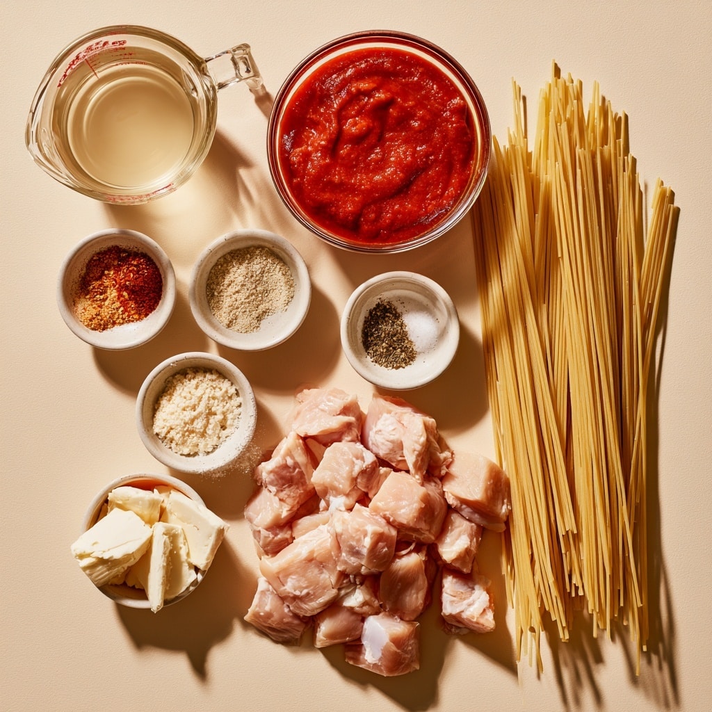 The image shows four steps of making a chicken spaghetti dish inside a metal pot. The first step has a layer of tomato sauce with spices on top floating in light broth, showing red and brown colors mixed with white seasonings. The second step adds uncooked yellow spaghetti pasta partially submerged in the red sauce and broth. The third step adds raw pieces of white chicken on top of the pasta and sauce. The final step displays the fully cooked spaghetti and chicken mixed together, with the pasta coated in reddish sauce and the chicken turned light brown. The background is a white marbled texture. photo taken with an iphone --ar 4:5 --v 7