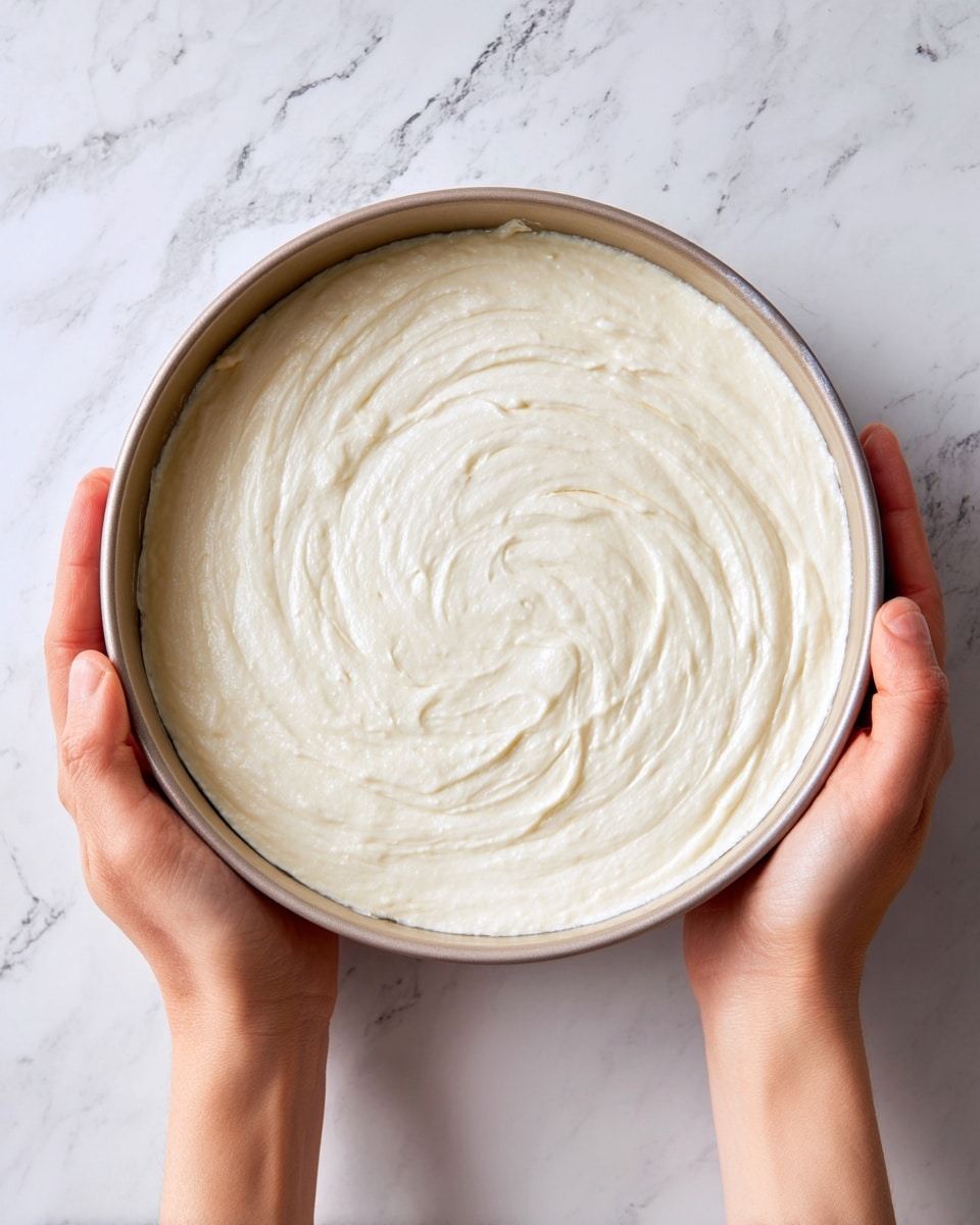A close-up view of a round cake pan held by a woman's two hands, filled with a smooth, thick, creamy white batter spread evenly inside. The batter has a soft texture with slight swirled patterns on top showing gentle movement. The background is a white marbled surface. photo taken with an iphone --ar 4:5 --v 7