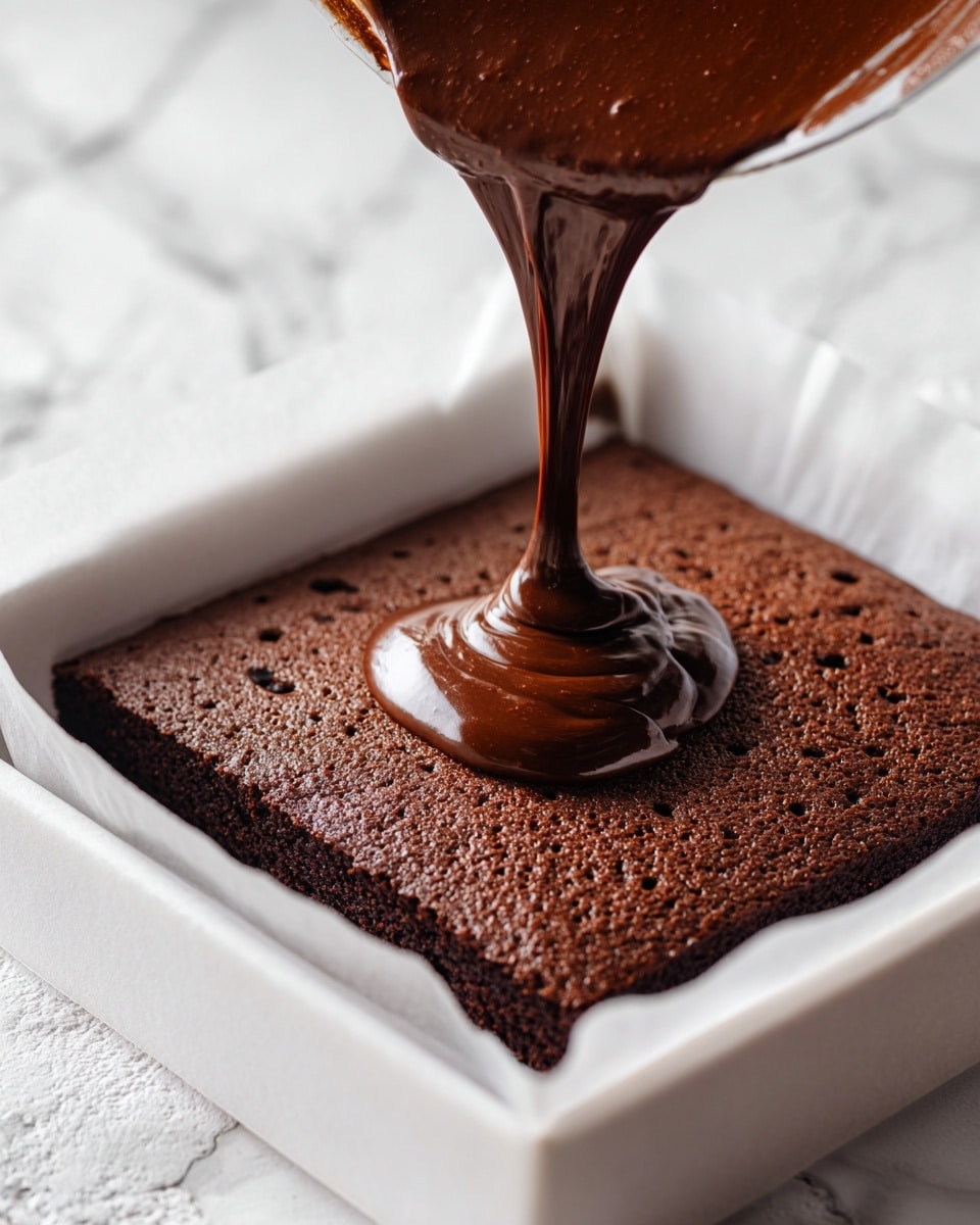 A close-up view shows a dark brown chocolate batter being poured in a thick, smooth stream onto a baked square cake layer in a white tray lined with white paper. The cake base is slightly rough with small holes and a matte finish. The shiny chocolate batter contrasts with the drier cake, spreading slowly from the center outward. The background has a white marbled texture. photo taken with an iphone --ar 4:5 --v 7