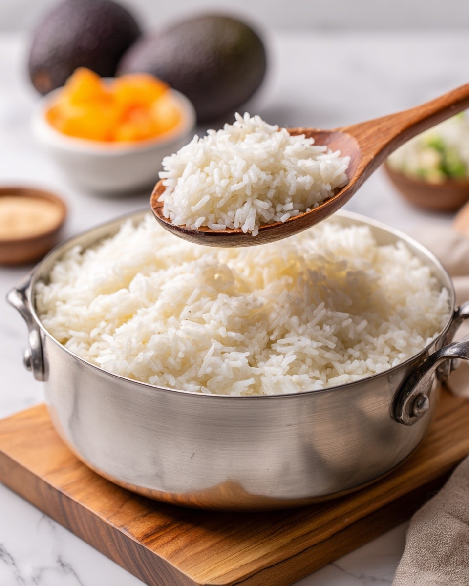 A close-up view of a shiny silver mixing bowl filled with cooked white rice, showing the soft, fluffy texture of the grains. A wooden spoon is lifting a portion of rice from the bowl, highlighting the slightly sticky and well-cooked consistency. The bowl is placed on a light wooden cutting board, which rests on a white marbled surface. In the softly blurred background, there are some brown avocados and small bowls with light-colored ingredients, and a white bowl filled with orange pieces. photo taken with an iphone --ar 4:5 --v 7