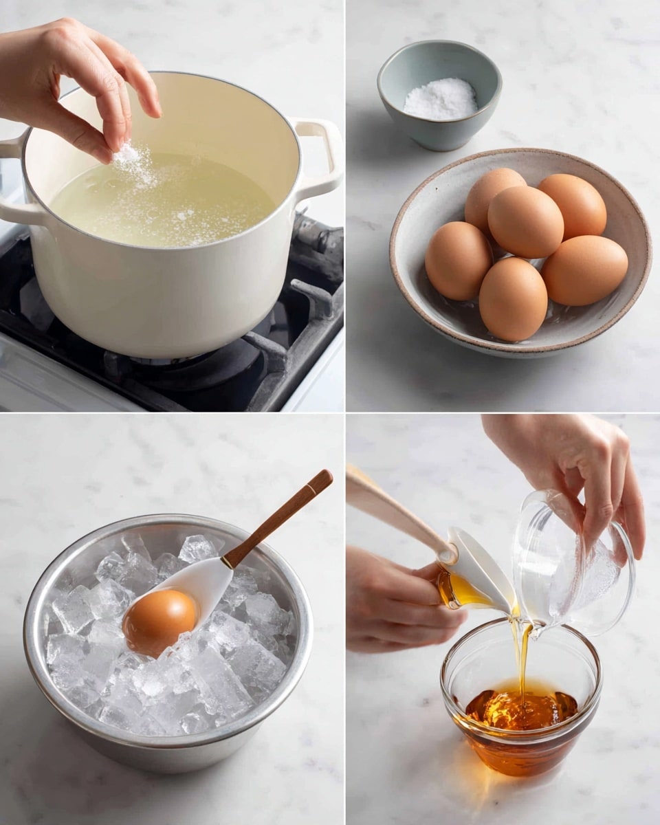 The image is a set of four photos showing cooking steps on a white marbled surface. The first photo shows a white pot filled with clear water on a stove, while a woman's hand sprinkles salt from a small gray bowl. In the second photo, two brown eggs are being lowered into the boiling water in the same white pot using a white ladle with a wooden handle, with a bowl of brown eggs surfaced in the background. The third photo shows a metal bowl filled with ice and water, with three brown eggs and a white ladle with a wooden handle scooping an egg into the ice water. In the fourth photo, a woman's hands pour amber-colored liquid from a small glass into a clear glass bowl containing a dark liquid, all on the white marbled surface. Photo taken with an iphone --ar 4:5 --v 7